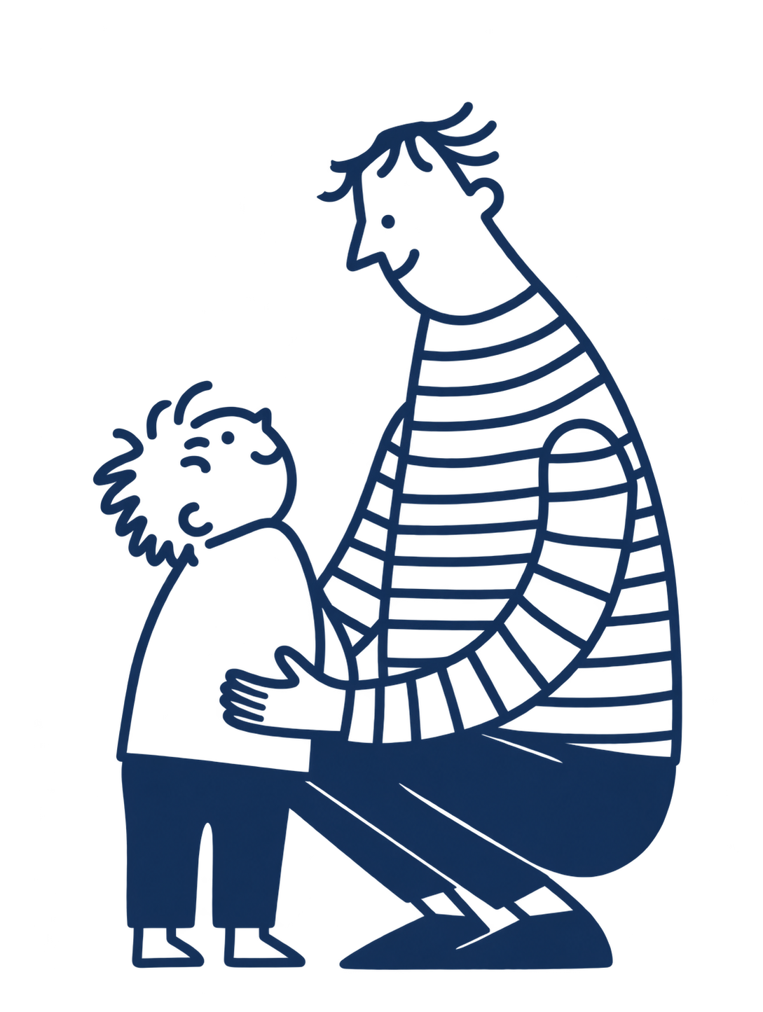 A blue line illustration of a parent and child