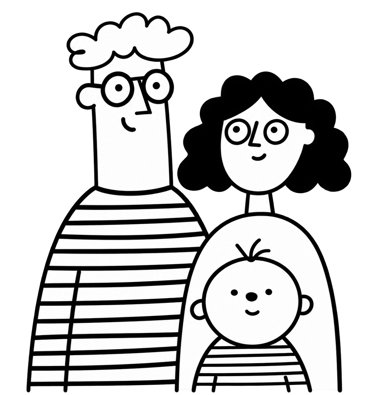 A line illustration of two parents and their child