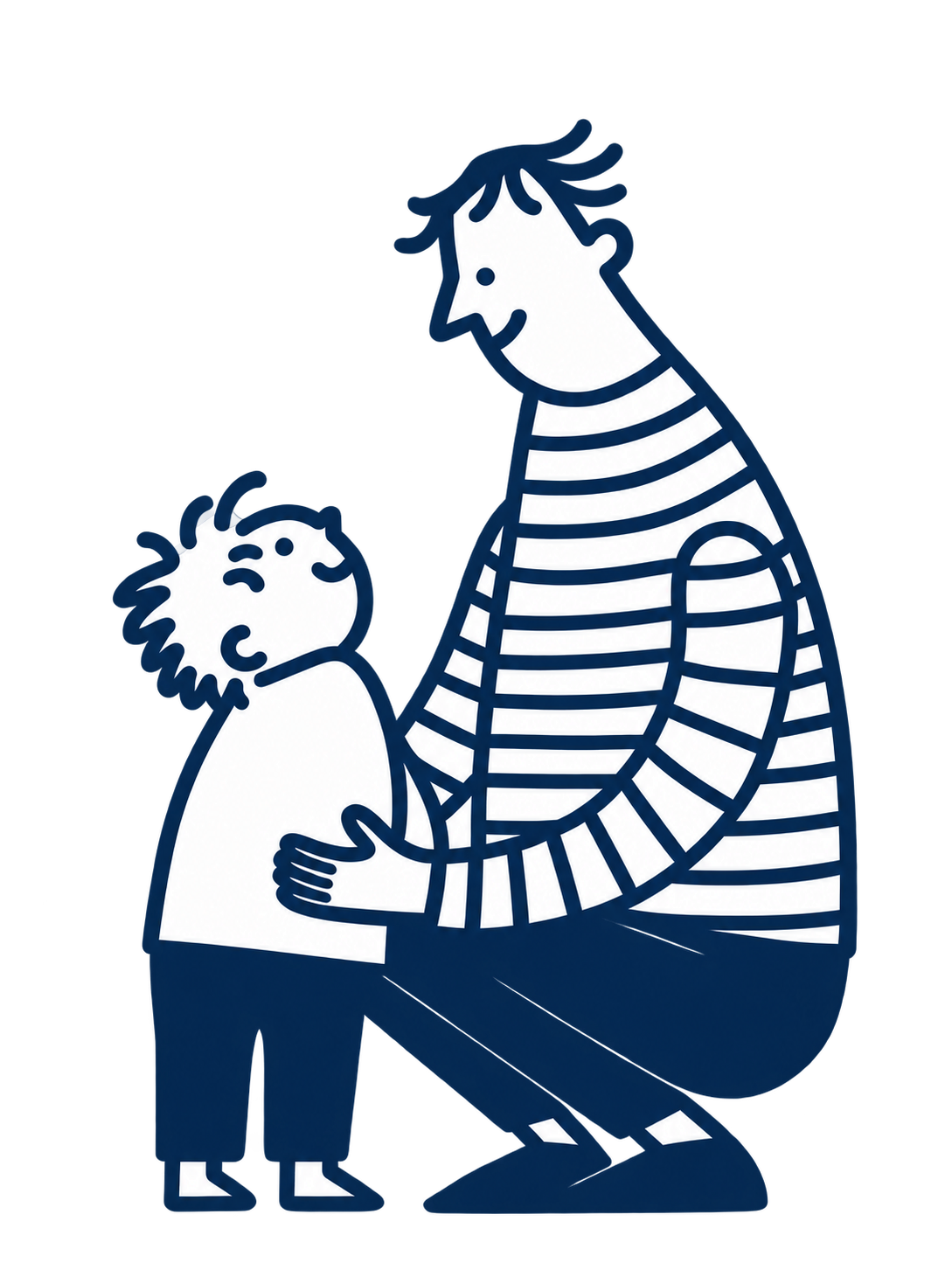 A blue line illustration of a parent and child