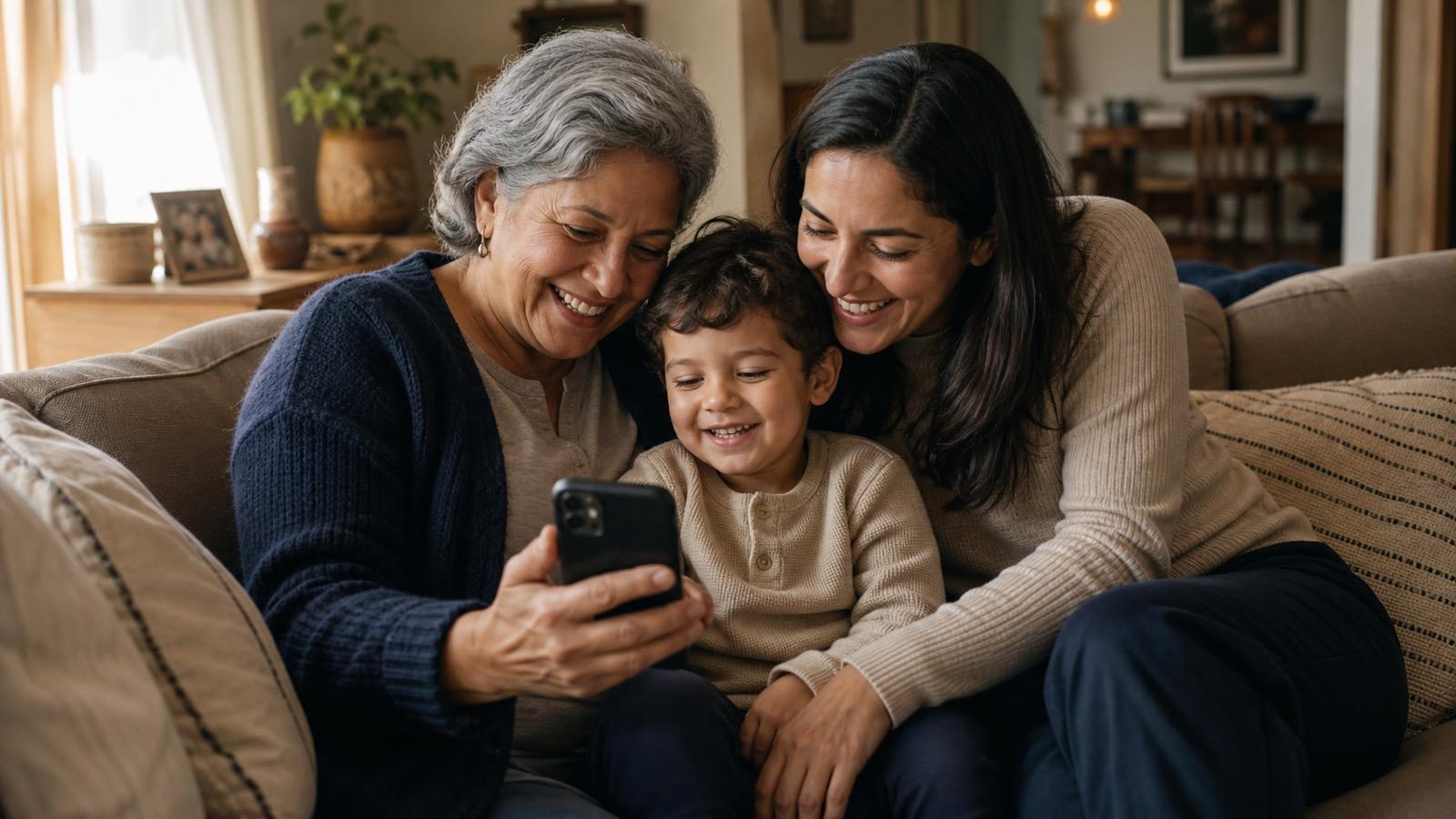 Three generations on a couch sharing a family memory on a phone screen