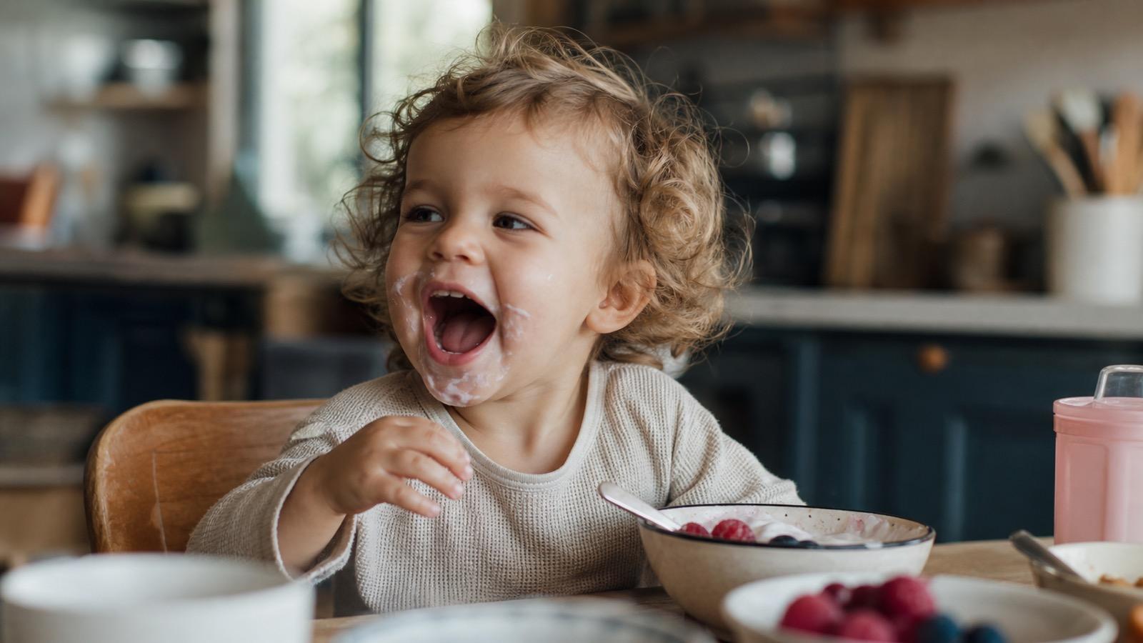A toddler at a kitchen table laughing mid-word, capturing the everyday hilarious moments parents want to remember