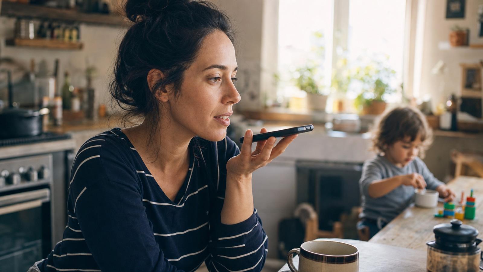 A parent recording a voice note in a kitchen while a young child plays in the background