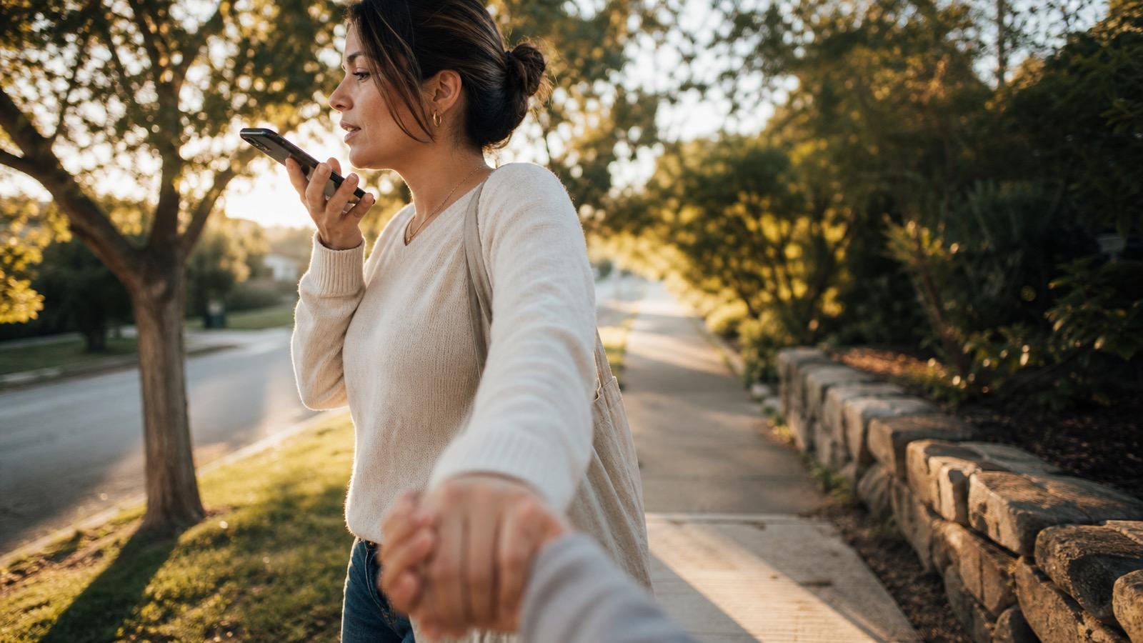 A parent walking outside, recording a quick voice note while holding their child's hand